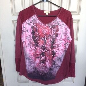 One World Blouse Beaded Lace Cuffs SzXS Maroon Design Pre-Owned Runs X Large